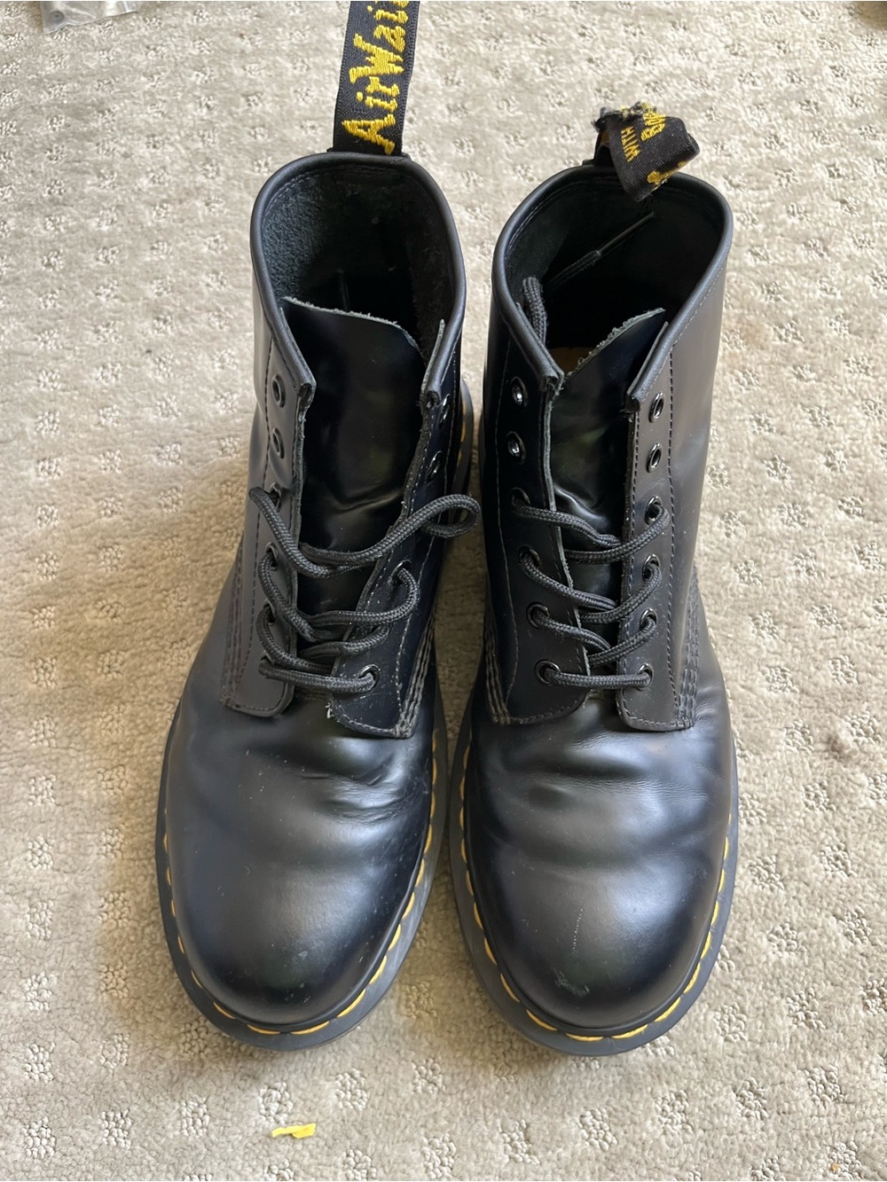 Dr. Martens Black Leather 6-Eye Lace-Up Boots with Yellow Stitching